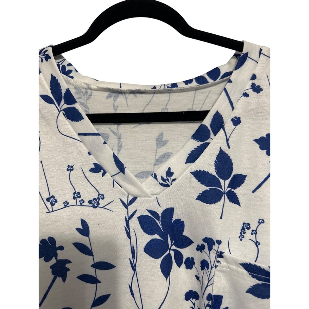 Emery Rose Womens Floral Print White & Blue V-Neck Pocketed Top 3XL - Picture 4 of 8